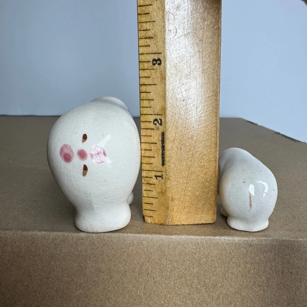 Vintage Ceramic Elephant Figurine‎ Set Mother Baby Pink Ears Crackle Glaze